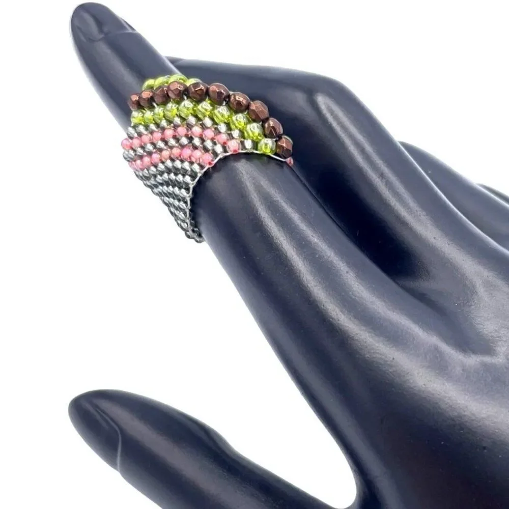 Silver with Yellow and Bronze Crystal Cellini Spiral Statement Ring Size 6